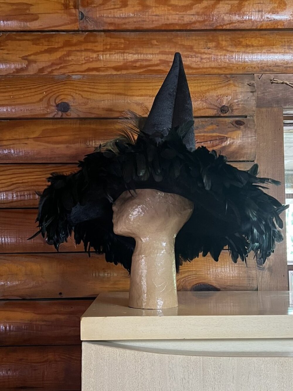 One-of-a-Kind Handmade Felt Witch's Hat with Nest of Feathers & Raven/Crow